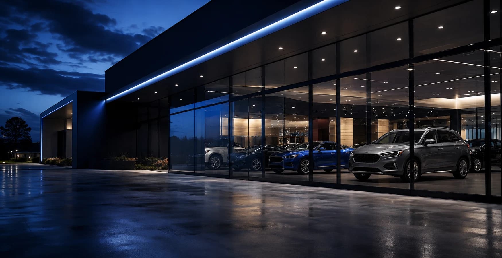 Modern automotive dealership showroom illuminated at blue hour