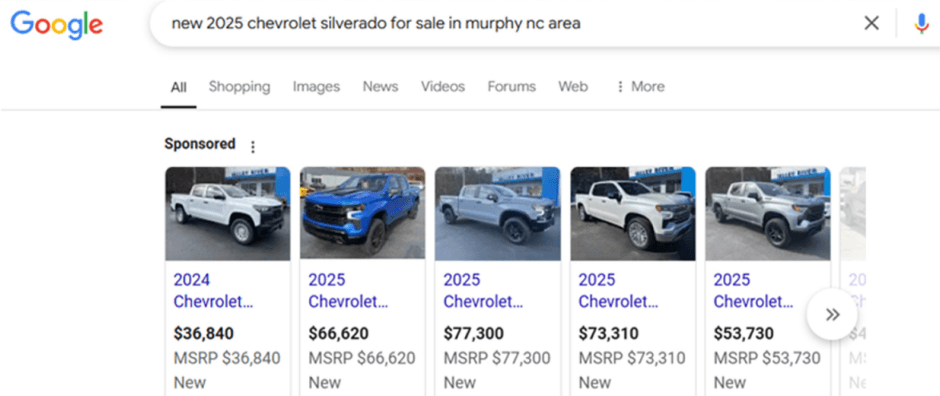 Customer-supplied Google Vehicle Listing Ads results for new Chevrolet Silverado trucks