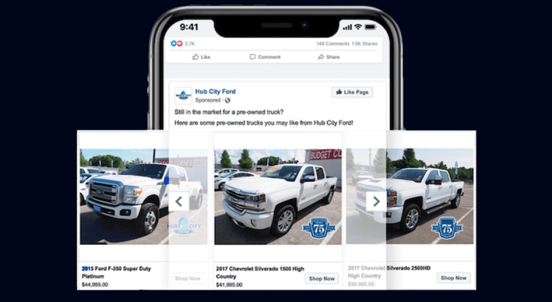 Customer-supplied Meta inventory ad showing a pre-owned truck carousel on a phone