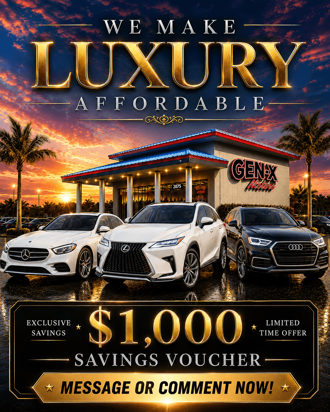 Customer-supplied We Make Luxury Affordable dealership campaign with a $1,000 savings voucher