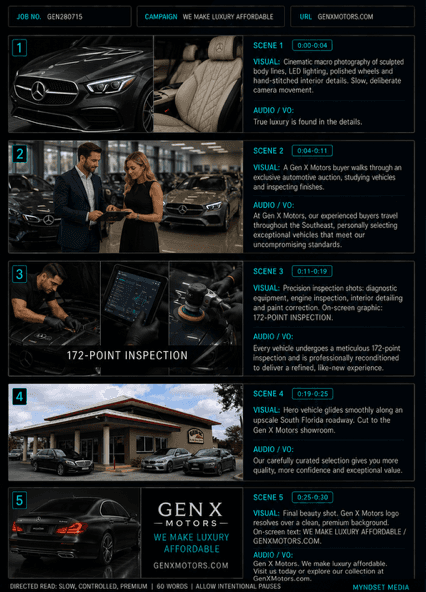 Customer-supplied five-scene luxury video storyboard for a dealership commercial