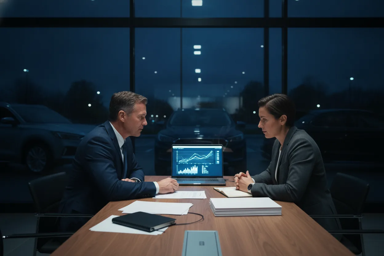 A BDC Promotions consultant walking a dealer through a free marketing audit on screen