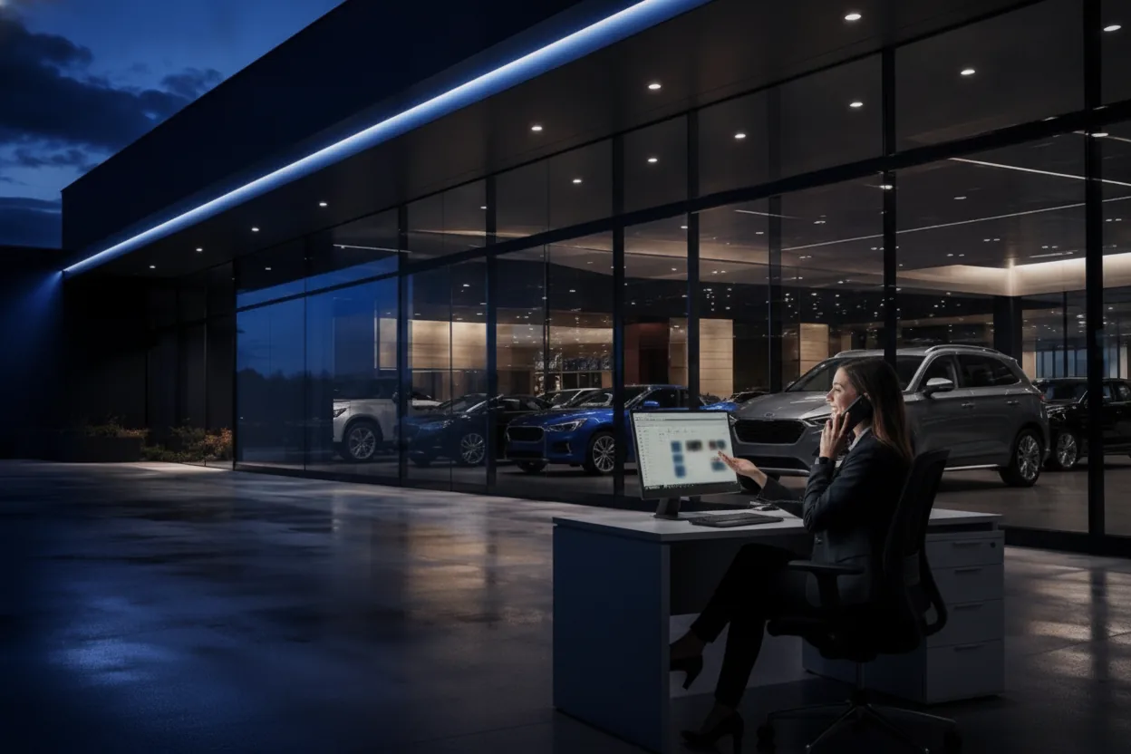 A BDC Promotions specialist following up with a car shopper by phone at a dealership
