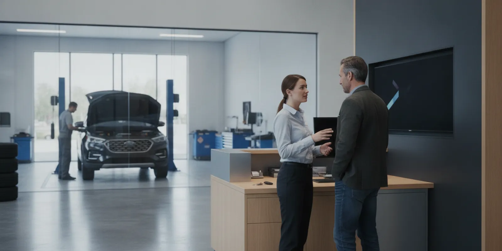 Service advisor reviewing a digital appointment calendar at a dealership service desk