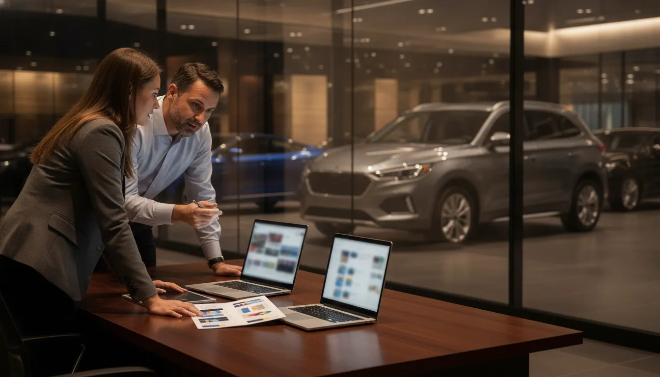 Dealership marketing team comparing vehicle advertising concepts