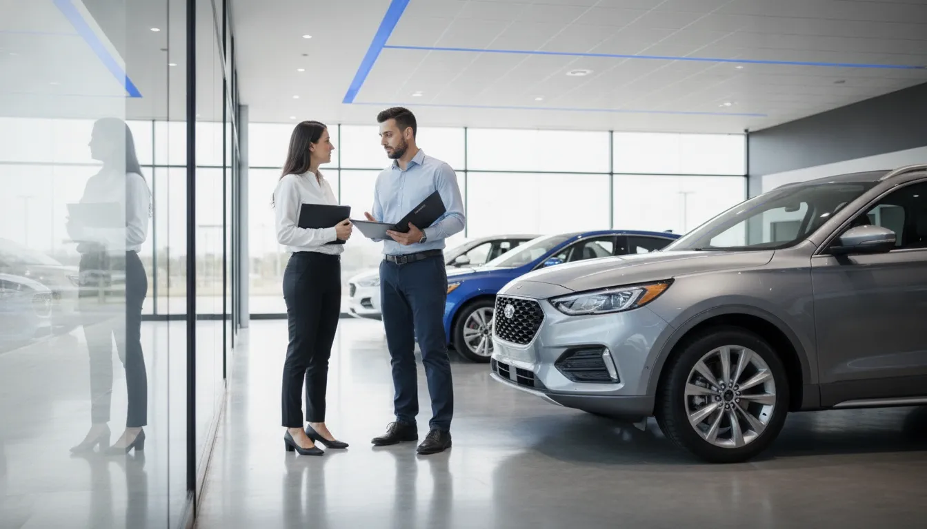 - Automotive dealership BDC team coordinating a customer handoff beside vehicles in a showroom