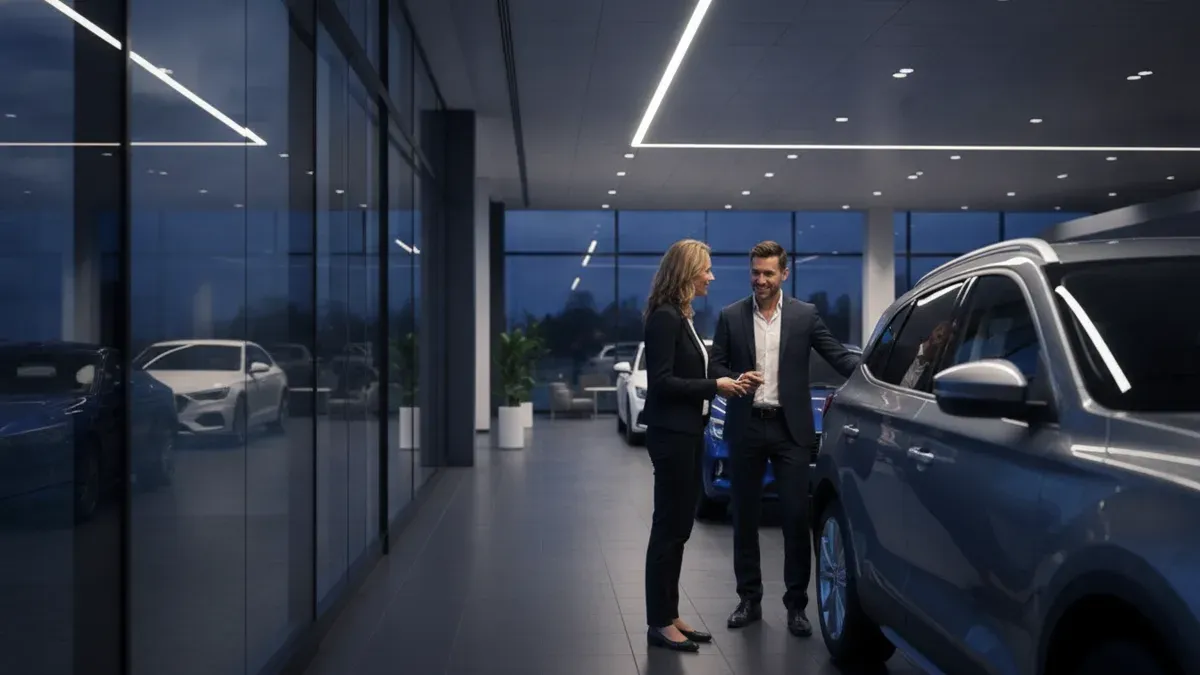 Dealership sales consultant speaking with a returning customer beside a vehicle