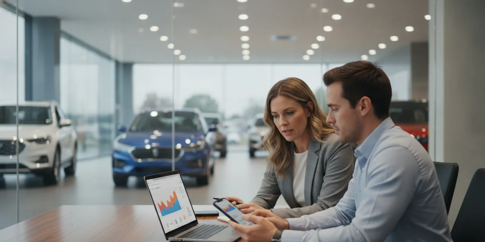 Dealership marketing team reviewing a campaign and customer inquiry report together