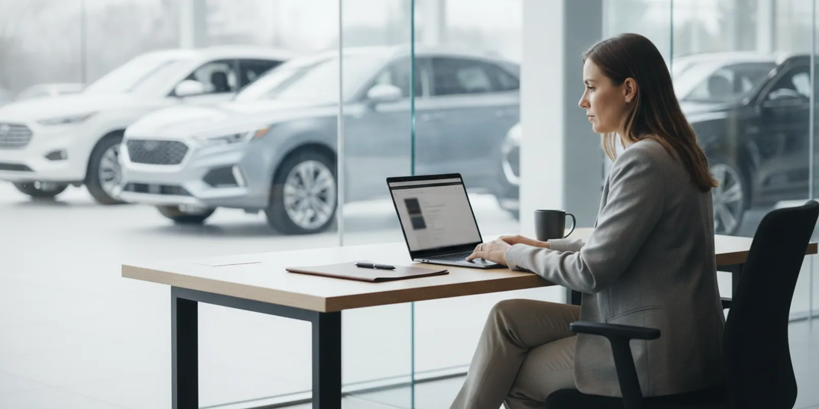 Dealership team member reviewing a shopper follow-up email at a desk