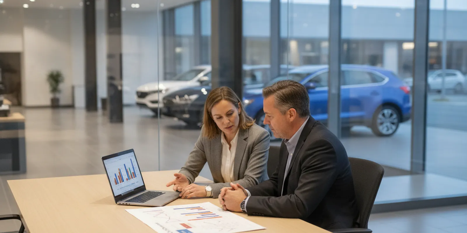 Dealership marketing manager reviewing campaign plans and appointment results at a desk