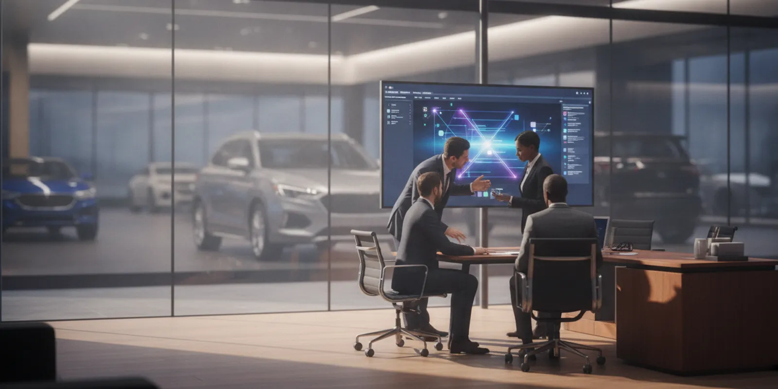 Dealership team reviewing software dashboards together at a sales desk