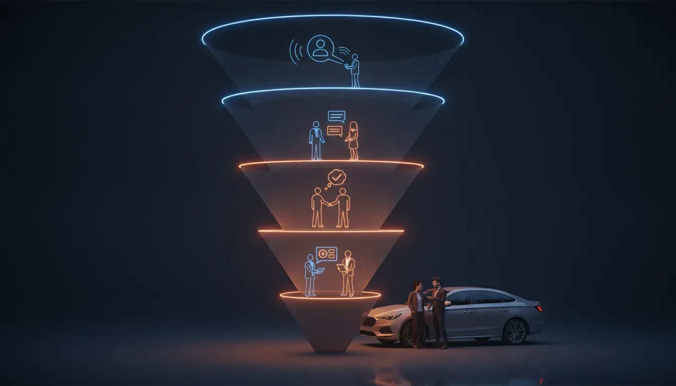 Illustrated dealership lead funnel showing ad response, qualification, appointment, and showroom stages