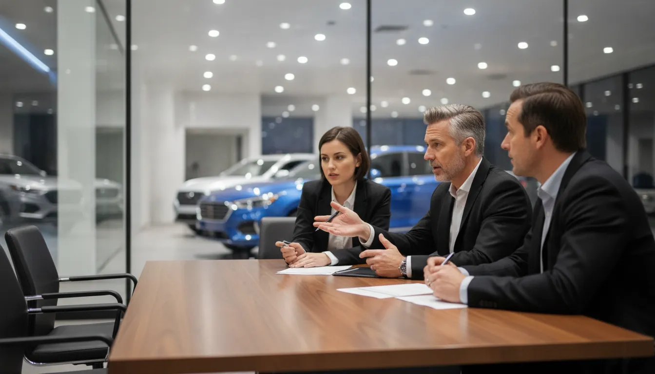Dealership leaders reviewing an automotive marketing strategy