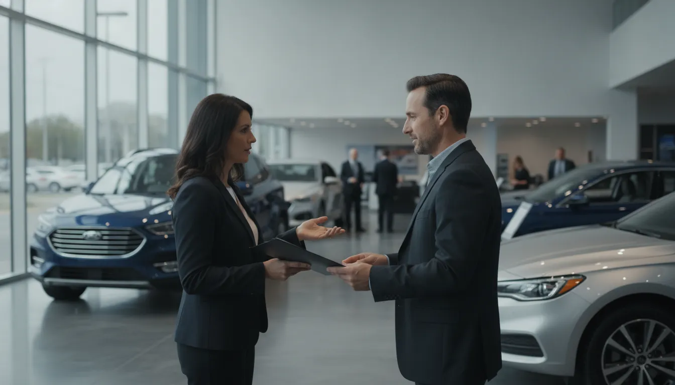 Dealership BDC representative coordinating a sales handoff in a vehicle showroom