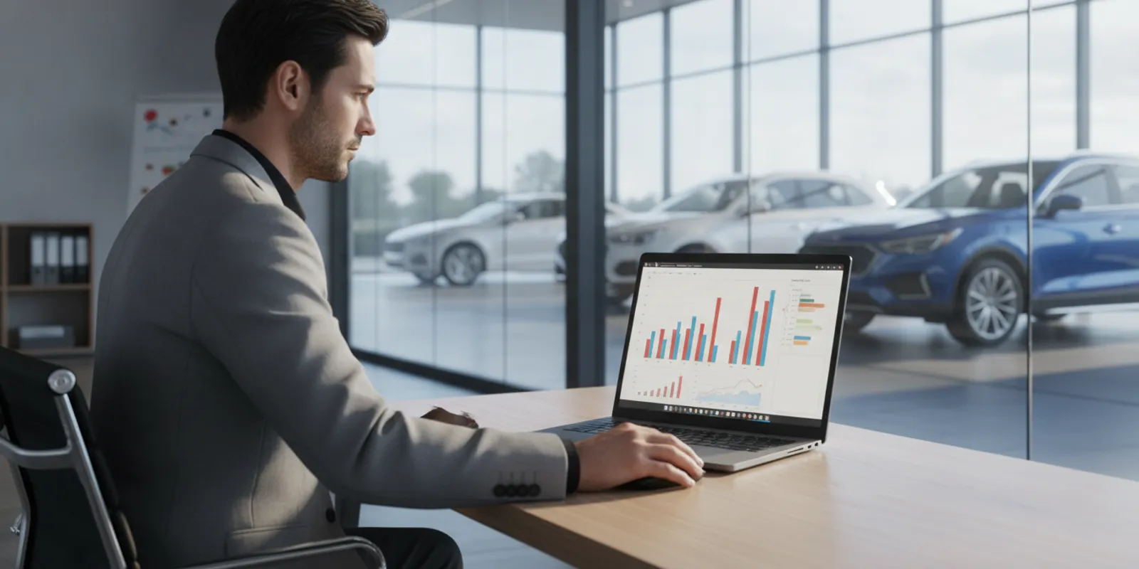 Dealership marketing manager reviewing a paid search campaign on a laptop in a showroom office