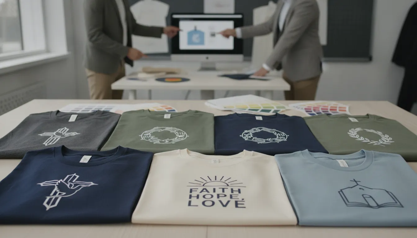 Bulk church t-shirts with custom designs displayed on a table.