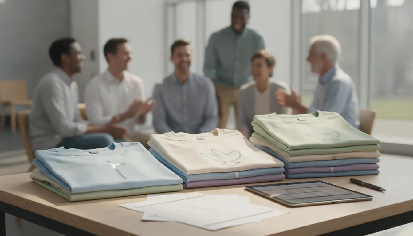 Folded church volunteer shirts in bulk on a table with a group meeting in the background.