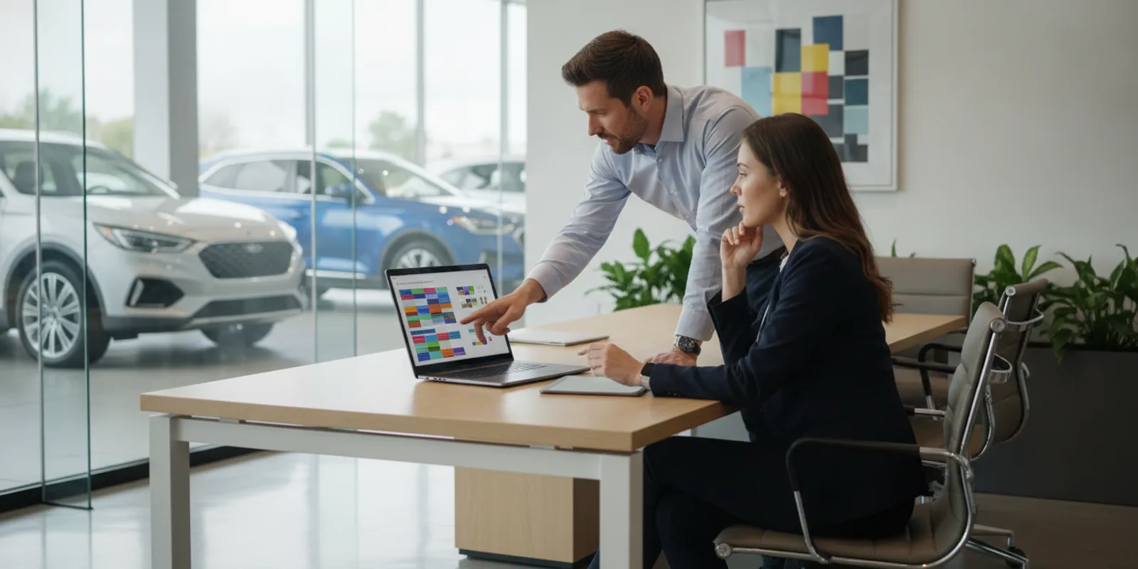 Dealership marketing manager reviewing lead source and appointment data on a laptop