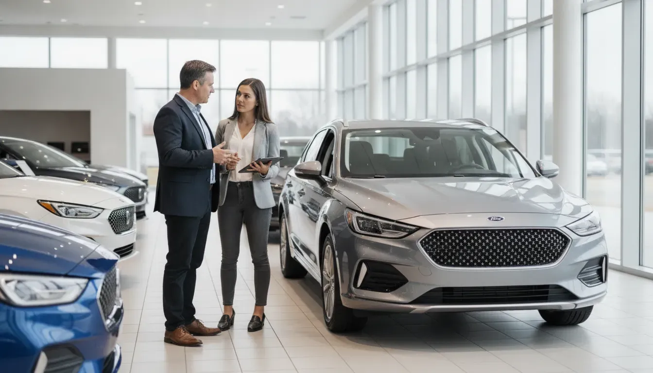 Dealership owner and marketing strategist discussing a car dealership marketing agency plan in a modern showroom