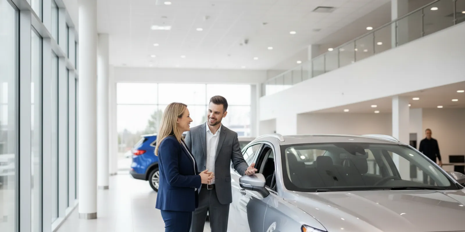 Dealership employee speaking with a returning customer beside a vehicle in a showroom