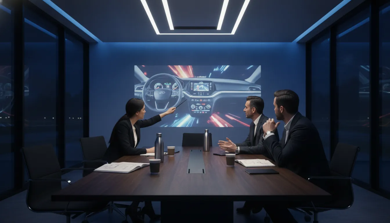 Automotive dealership marketing team planning campaigns across multiple rooftops