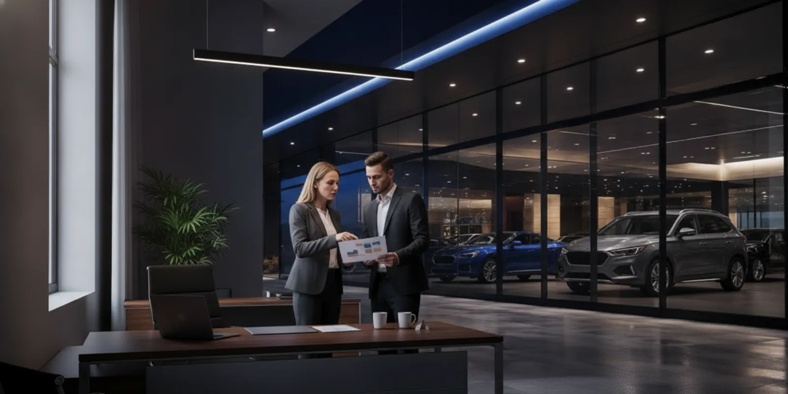 Dealership manager reviewing lead records and vehicle inventory with a team member