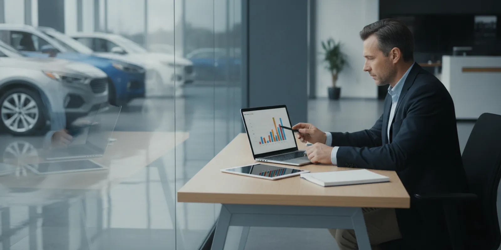 Dealership manager reviewing campaign results and sales figures at a desk