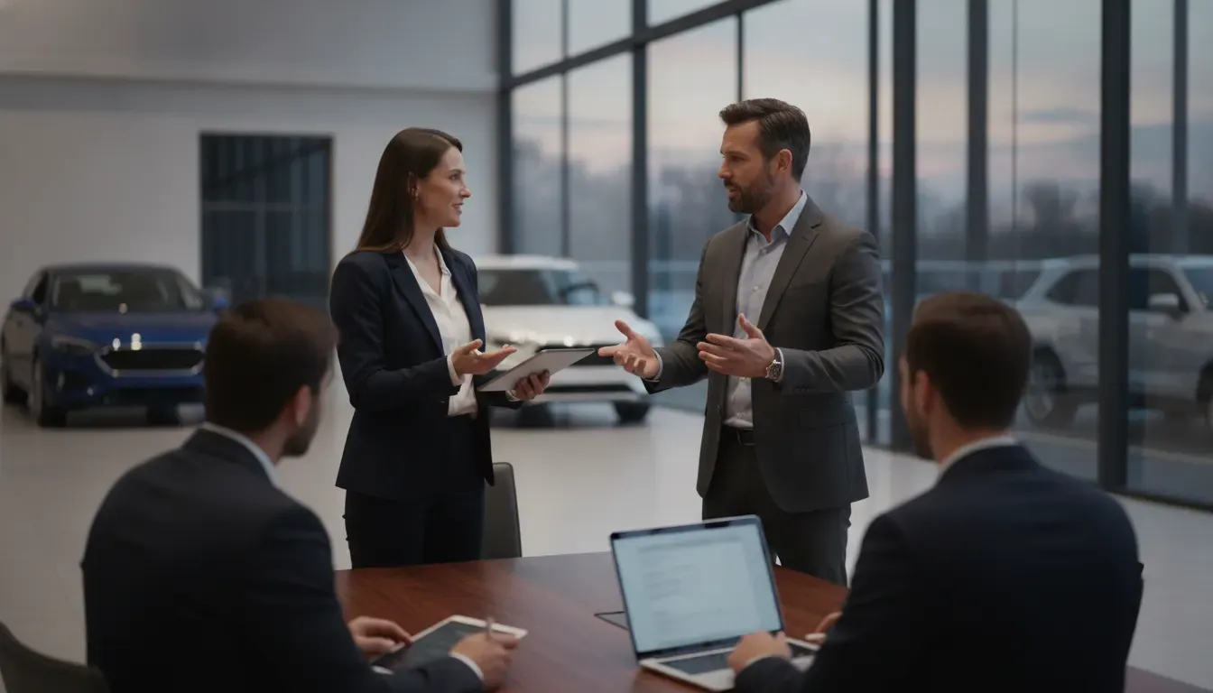 Automotive dealership marketing team discussing Facebook advertising and appointment generation in a showroom