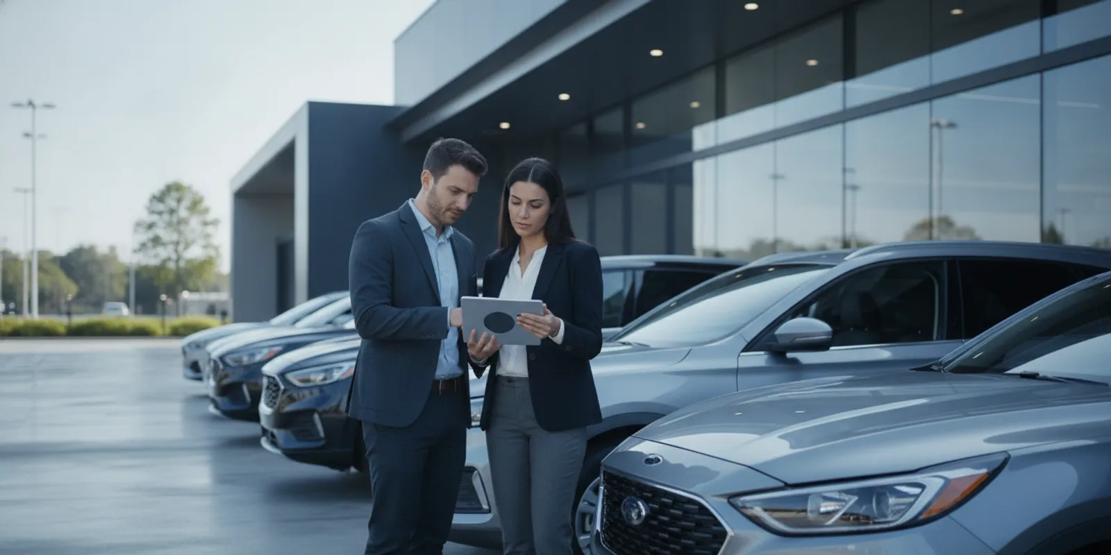 Car dealership team reviewing advertising plans beside vehicles on the showroom lot