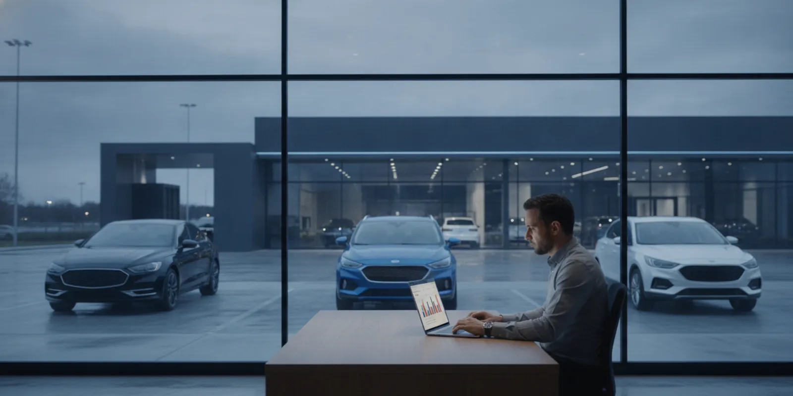 Dealership marketing manager reviewing an email campaign beside a showroom floor