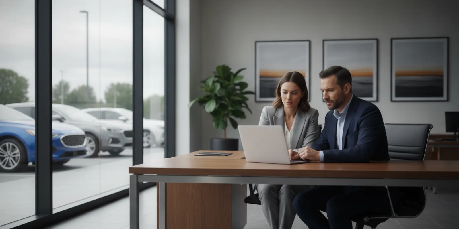 Dealership manager reviewing marketing performance with a colleague at a showroom desk