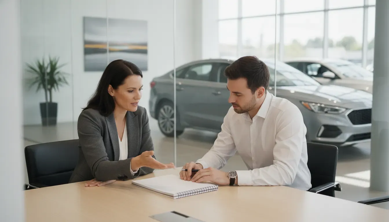 Dealership leaders planning a lead response optimization process in a modern showroom