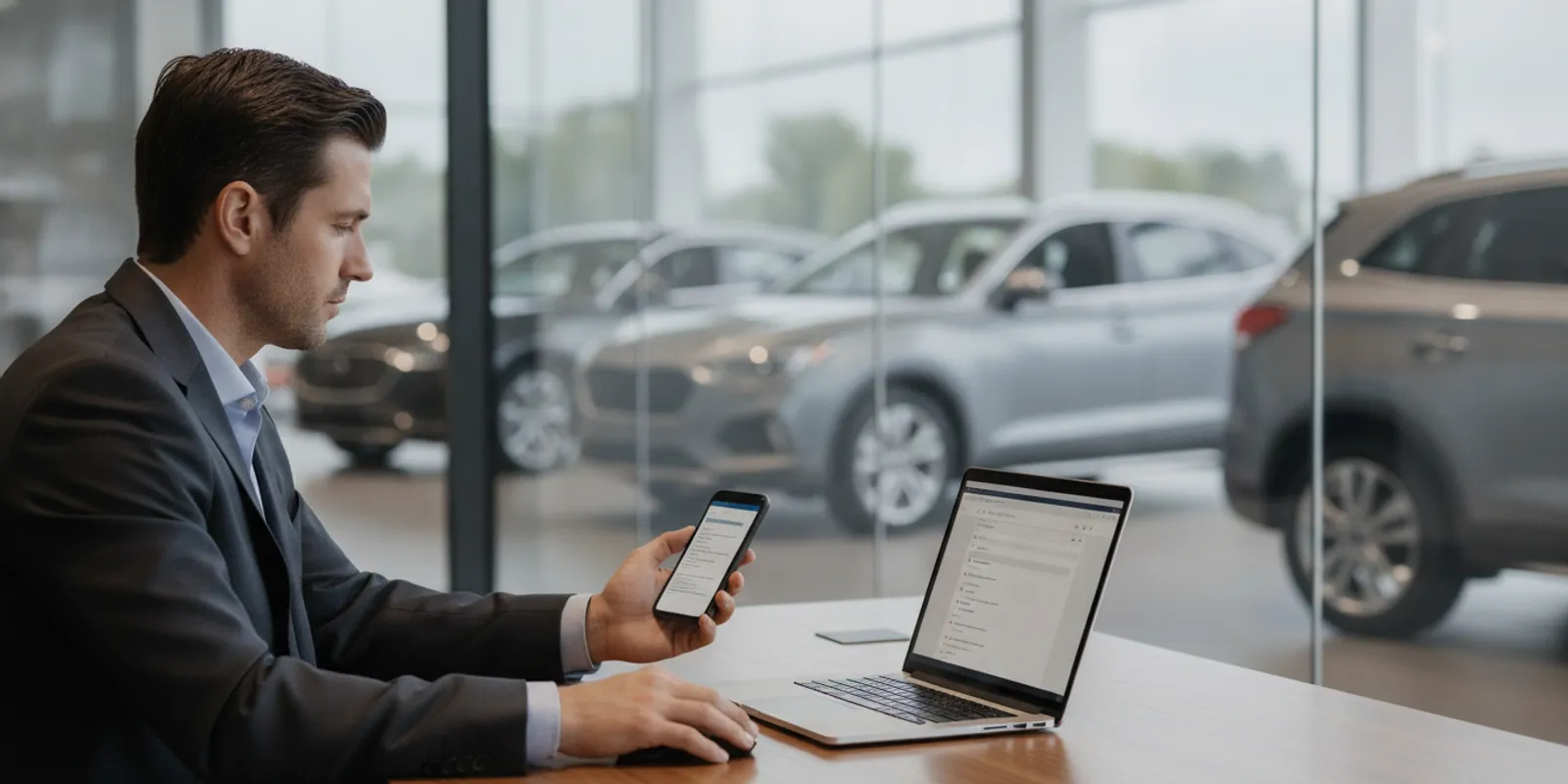 Dealership team member reviewing a customer conversation on a phone beside a laptop