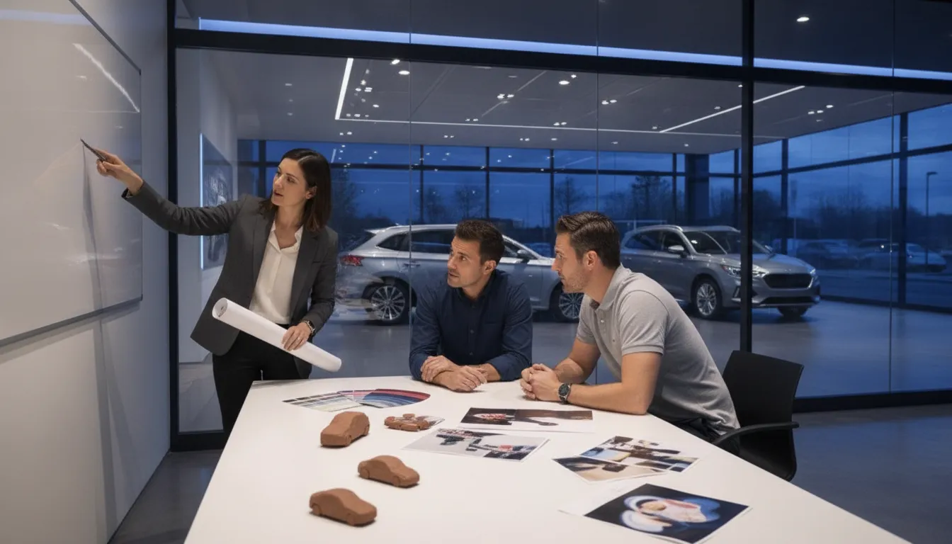 Automotive dealership team reviewing a digital advertising campaign