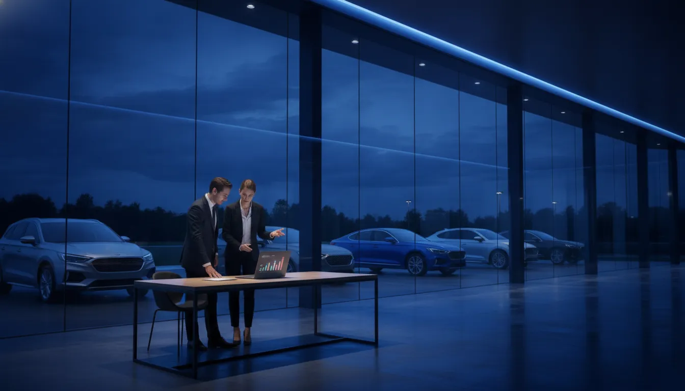 Dealership marketing manager reviewing paid social campaign results in a modern car showroom