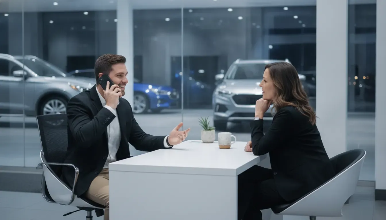 Automotive dealership specialist speaking with a shopper beside vehicles in a showroom