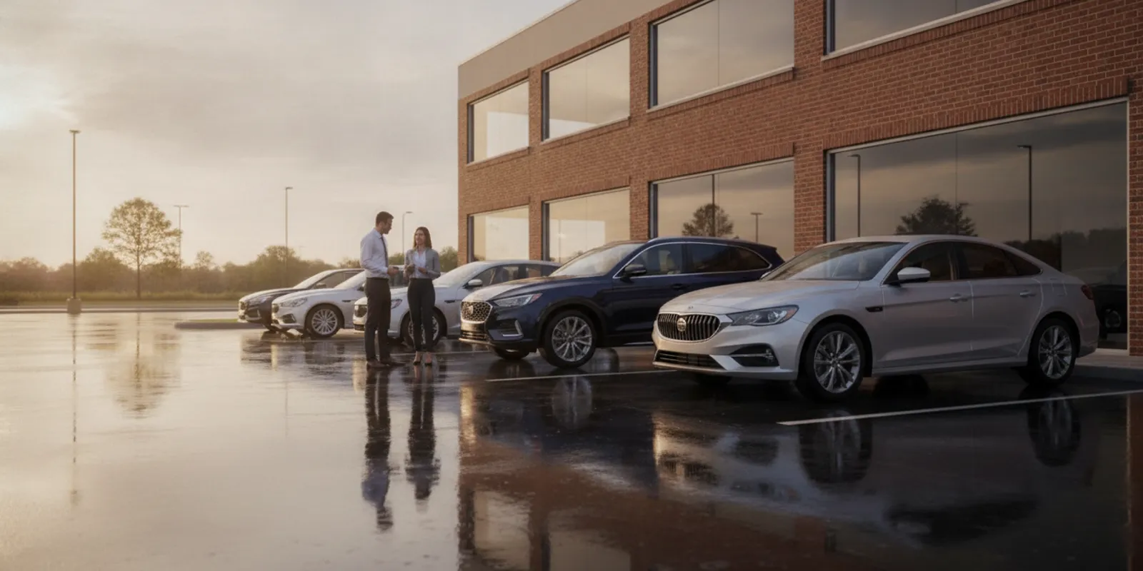 Independent used car dealership team reviewing a vehicle display on the lot