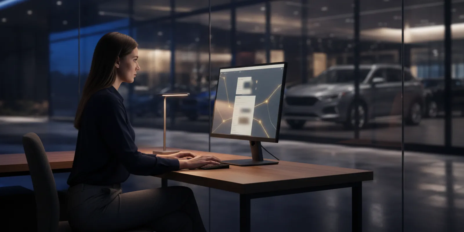 Dealership employee reviewing a new online vehicle inquiry at a computer