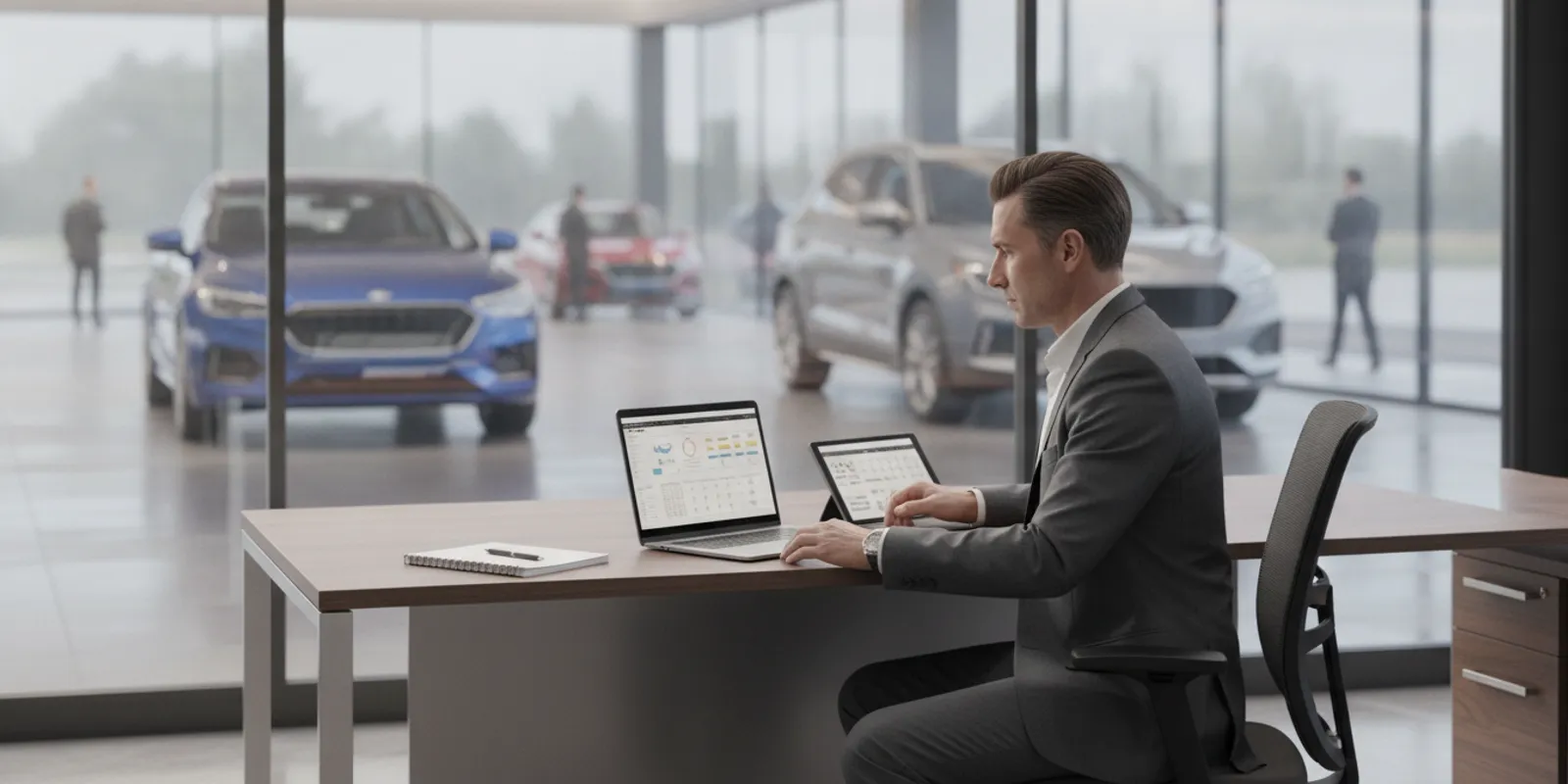 Dealership manager reviewing marketing and appointment performance on a laptop
