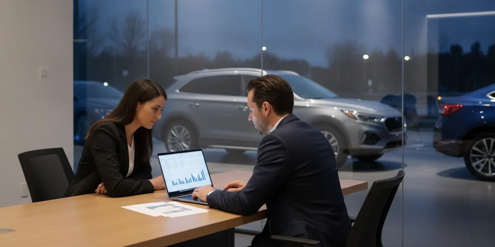Dealership marketing team reviewing an advertising dashboard together