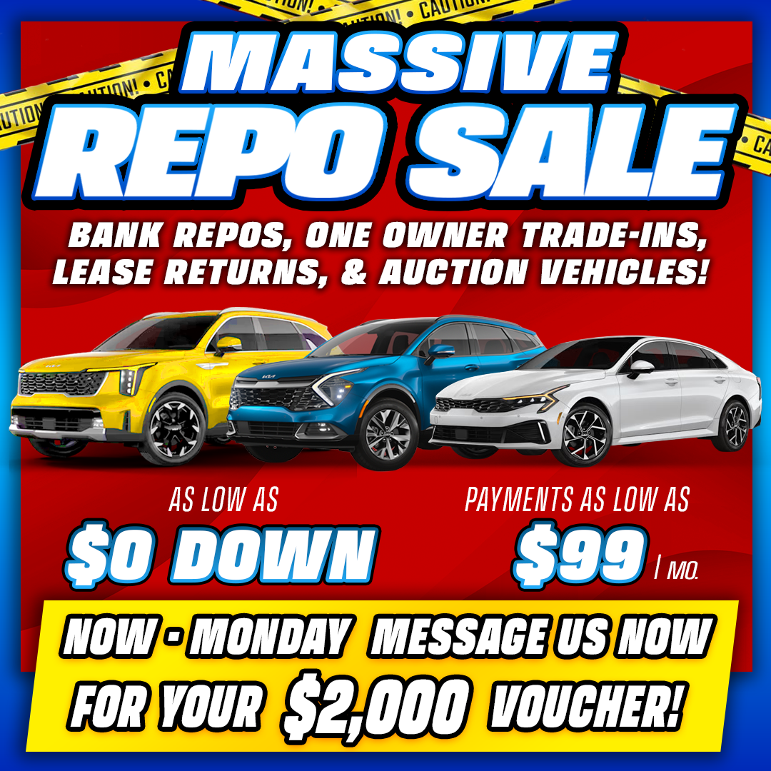Historical repossession-sale static ad with three vehicles and original offer copy