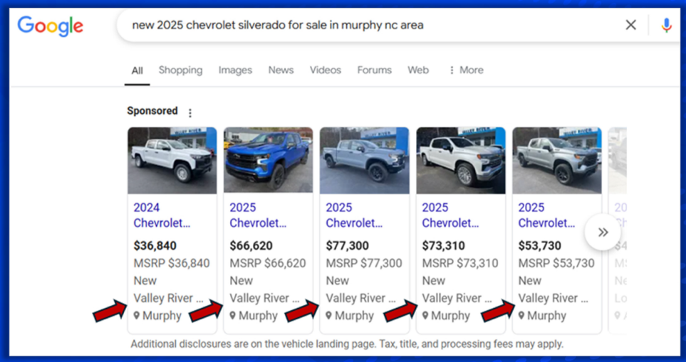 Supplied Google search example with sponsored vehicle listings and original vehicle prices