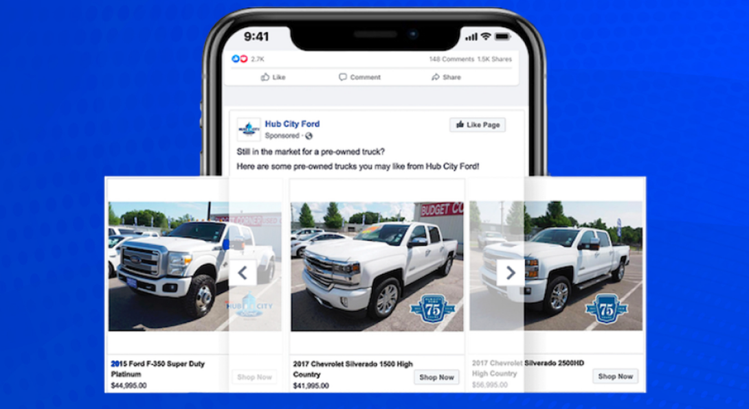 Supplied Meta inventory ad example showing truck listings in a social feed