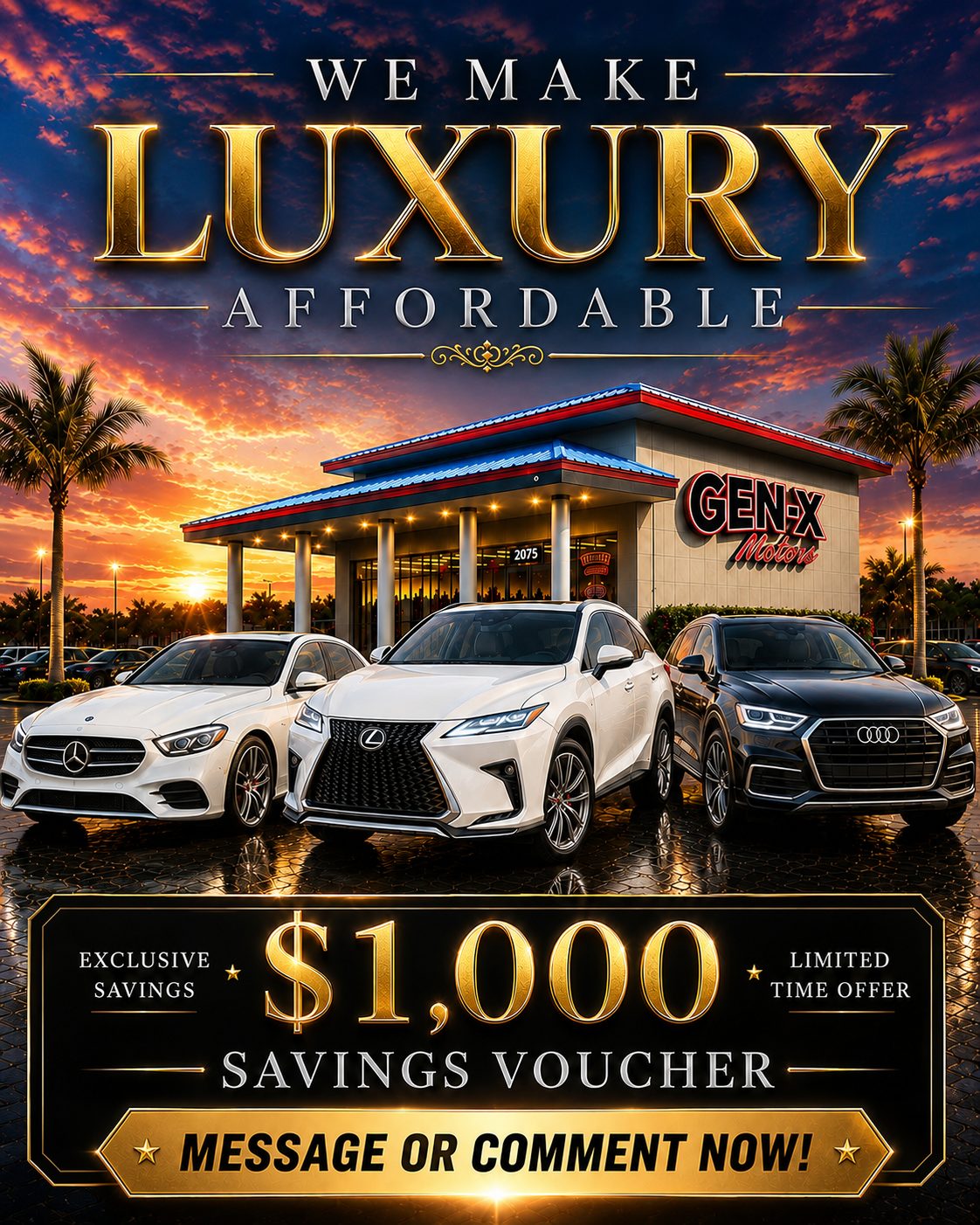 Historical luxury automotive campaign artwork with a dealership and three vehicles